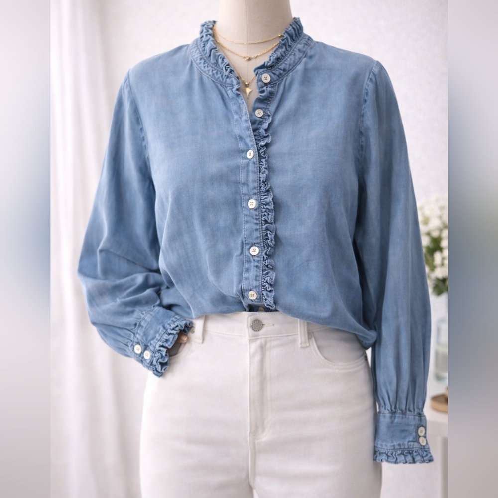 Court & Rowe Chambray Ruffle Button Front Blouse Blue